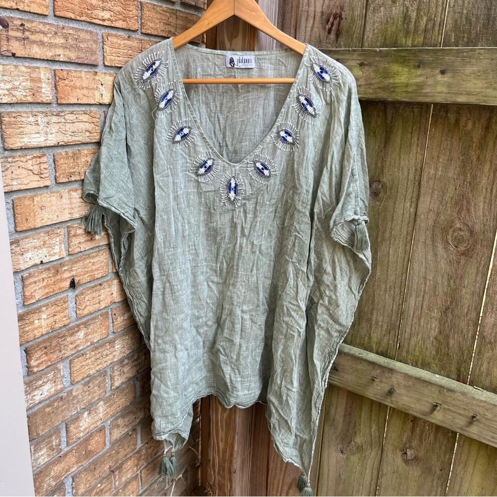 Green Tunic with Blue Eye Beaded Accents